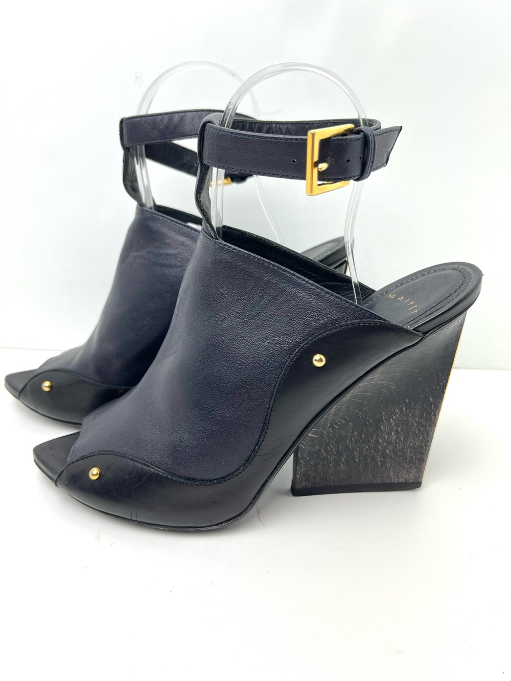 Maiyet Navy Blue Black Leather Ankle Wrap Open Toe Wedge Heel Shoes